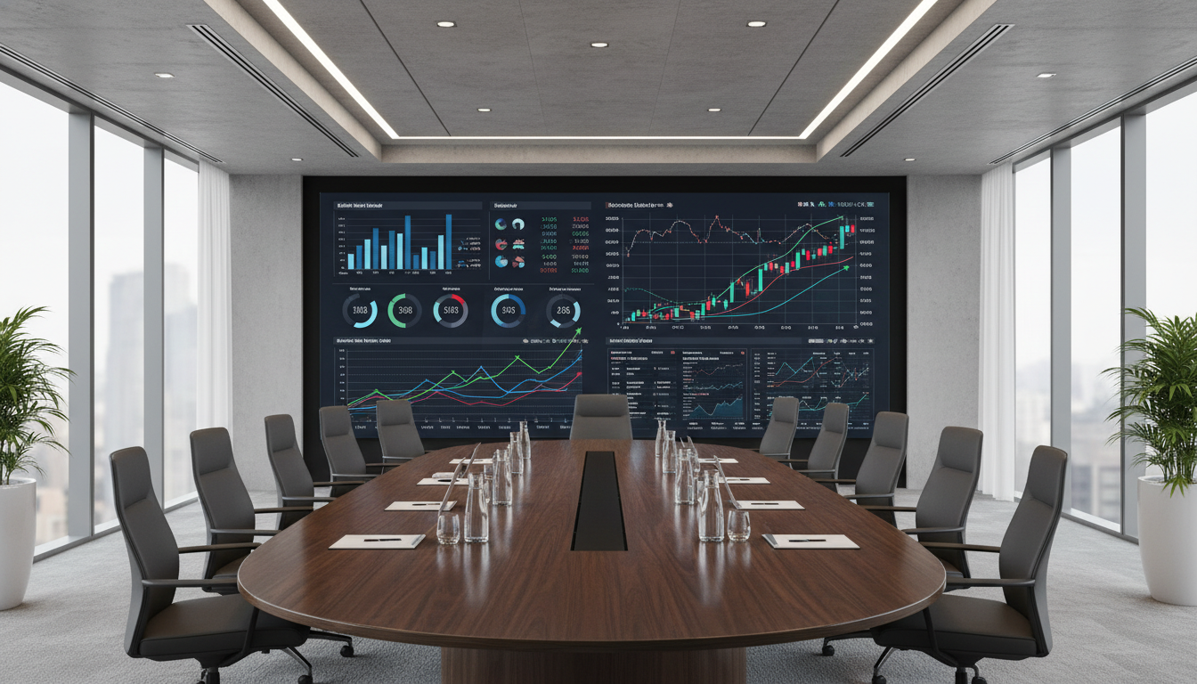 A professional and clean wide-angle shot of a high-end corporate boardroom with a large digital screen displaying global bond yield curves and economic data charts in a minimalist architectural setting.