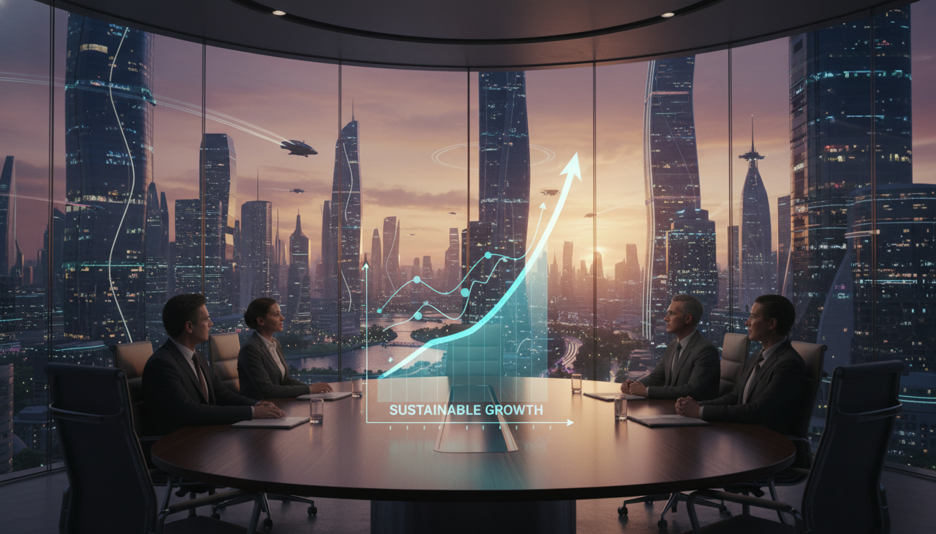 A professional cinematic shot of a modern glass-walled boardroom overlooking a futuristic city skyline at sunset, with a digital hologram of a growing financial graph showing steady, sustainable growth floating in the foreground.