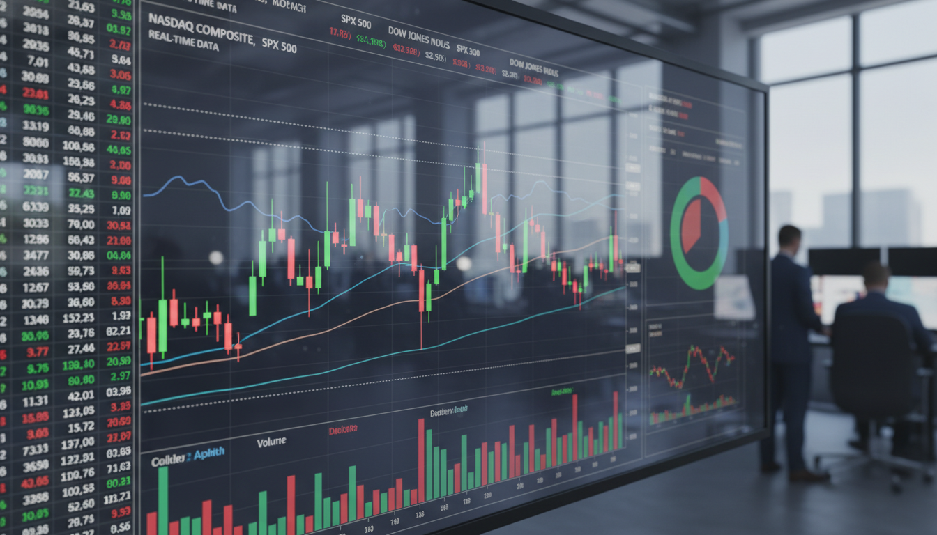 A high-resolution, photorealistic close-up of a digital stock market terminal showing fluctuating green and red candlestick charts with complex financial data overlays in a modern trading floor setting.