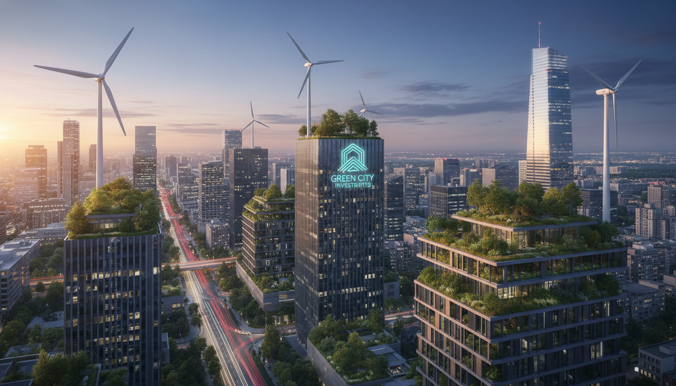 A wide-angle, photorealistic shot of a modern city skyline at dusk with green rooftop gardens and wind turbines integrated into the architecture, symbolizing sustainable urban development and green investment.