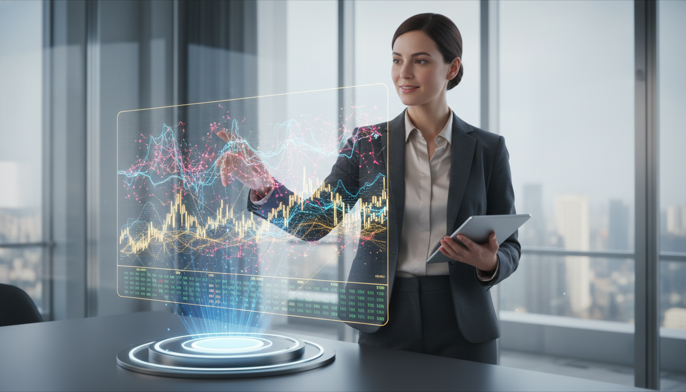 A sophisticated financial analyst in a modern office environment interacting with a 3D holographic projection of global market fluctuations and neural network data patterns, high-tech aesthetic, hyper-realistic, 8k resolution.