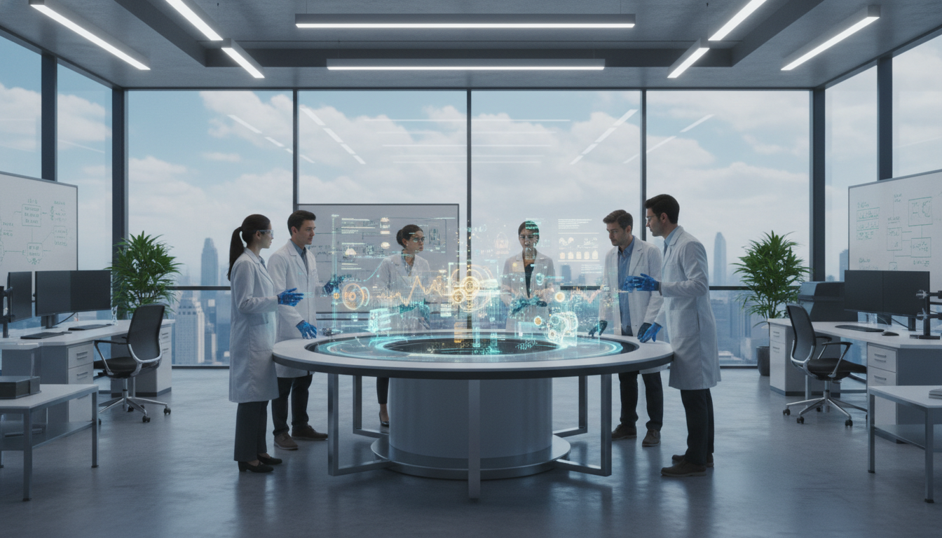A high-resolution, photorealistic image of a modern, glass-walled research and development laboratory where professional scientists and engineers are collaborating around a large holographic interface displaying complex data visualizations and 3D prototypes.