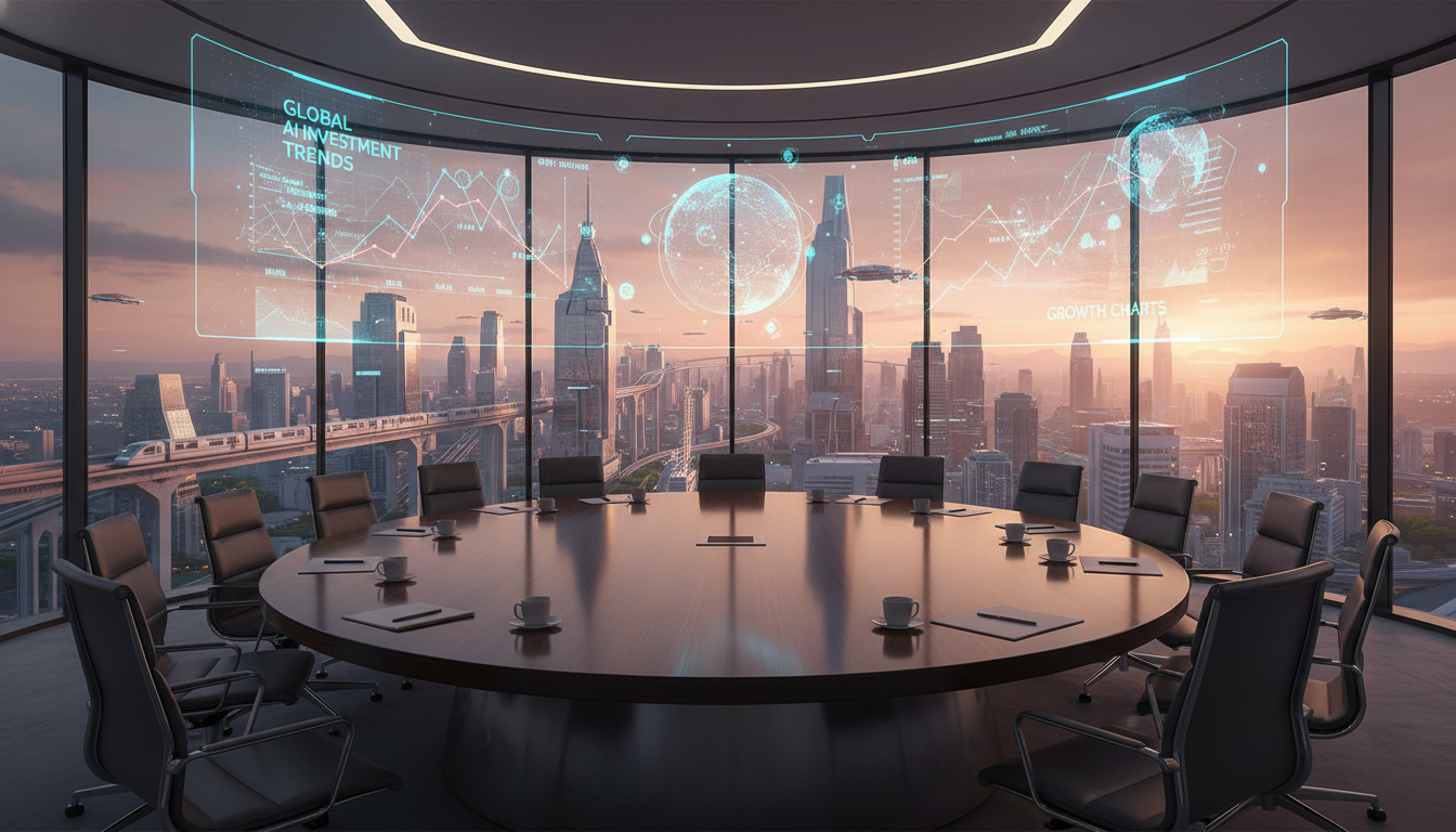 A high-resolution, photorealistic shot of a modern venture capital boardroom with a panoramic view of a futuristic city at sunset. A transparent digital display on the table shows glowing 3D data visualizations of global AI investment trends and growth charts.