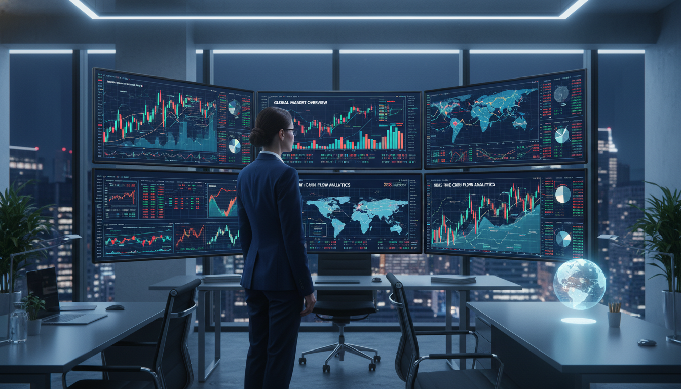 A professional financial analyst in a modern high-tech office looking at a multi-screen setup showing complex real-time global financial data visualizations and cash flow trends, 8k resolution, cinematic lighting, photorealistic style.