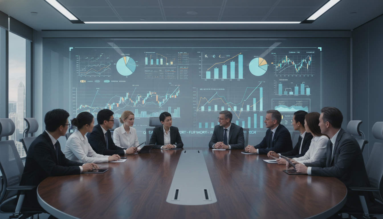 A professional and photorealistic wide-angle shot of a high-tech boardroom where a diverse group of professional investors and startup founders are engaged in a serious discussion, with digital financial charts and data visualizations projected on a glass wall in the background.