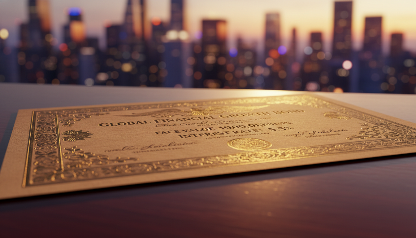 A detailed macro photograph of a gold-embossed bond certificate lying on a dark, polished wooden surface with a soft-focus background of a financial district skyline at dusk.