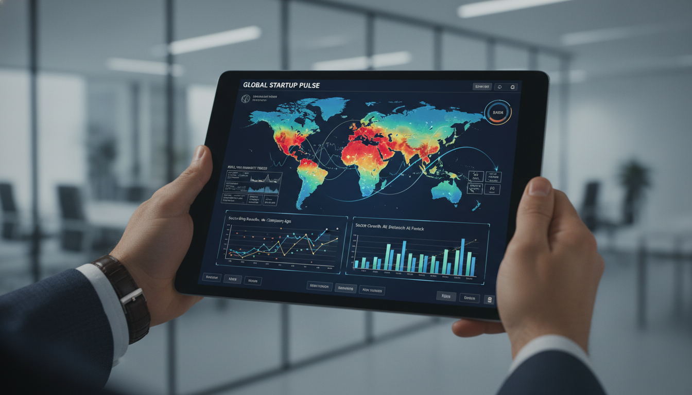 A detailed close-up of a high-resolution tablet screen displaying complex data visualizations, interactive heat maps of global startup activity, and predictive analytics charts, held by an investor in a professional office setting.
