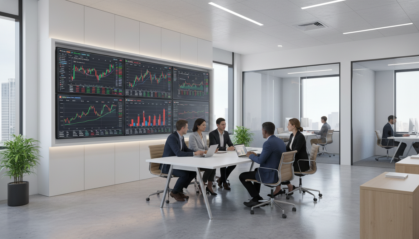 A professional, photorealistic wide shot of a clean, minimalist corporate office where a diverse team of financial analysts is discussing real-time market data displayed on large wall-mounted monitors.