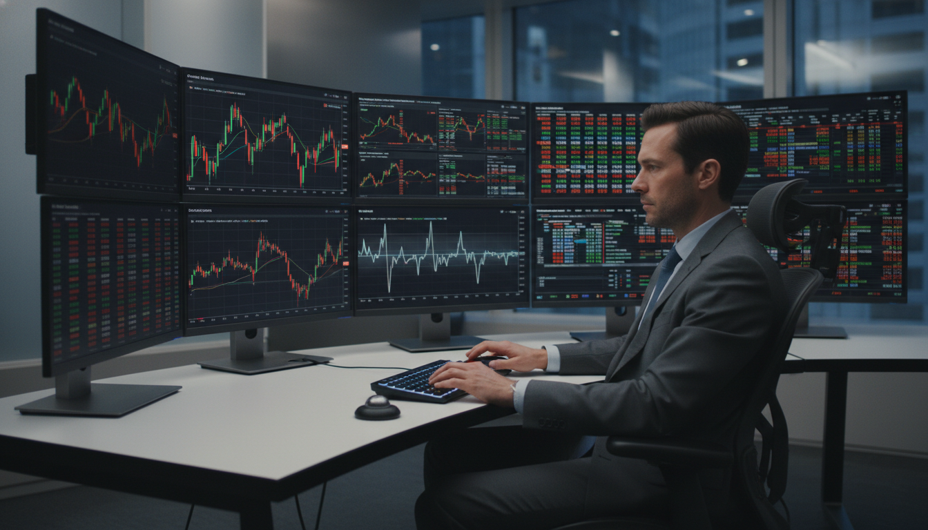 A professional, close-up shot of a financial professional using a high-tech workstation with multiple monitors showing complex financial charts, candlesticks, and real-time global market data in a high-end corporate office.