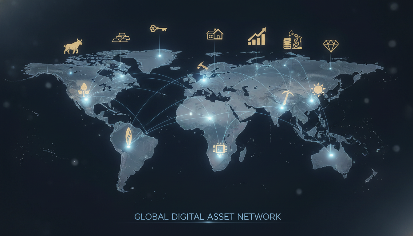 A digital conceptual visualization of a global map connected by glowing blockchain nodes, with symbols representing various assets like gold, real estate, and stocks hovering above the continents, clean professional design, photorealistic.