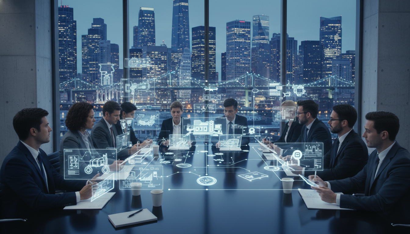 A professional, photorealistic shot of a diverse corporate board meeting in a sleek, minimalist conference room with a city skyline background; the participants are engaged in a deep discussion, using tablets and digital pens to sketch out futuristic infrastructure concepts.