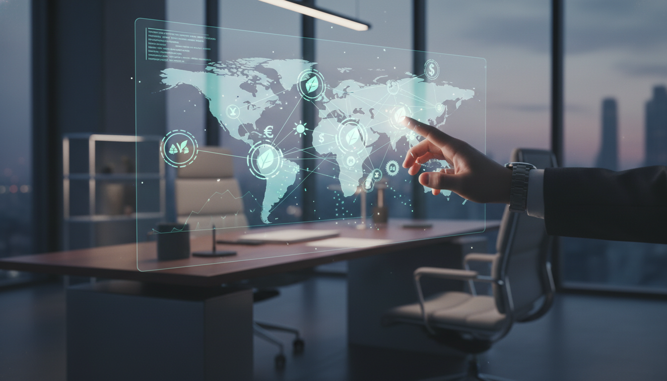 A detailed, photorealistic close-up of a professional investor's hand interacting with a sleek, holographic interface displaying interconnected global financial networks and green energy icons, set in a minimalist, high-end office environment.