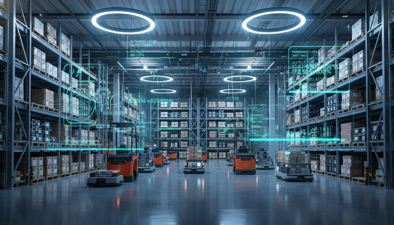 A sophisticated automated logistics hub with digital overlays of supply chain data and autonomous transport units, representing efficient inventory management, high-tech industrial aesthetic, photorealistic.