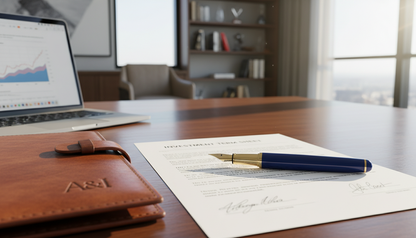 A detailed, photorealistic close-up of a fountain pen resting on a signed investment term sheet, with soft sunlight hitting a leather-bound folder and a high-end laptop nearby on a polished wooden desk in a bright office.